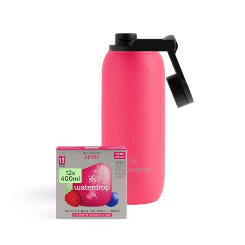 waterdrop® Set Microlyte Berry, Bebida Electrolítica Sabor a Bayas con Botella Térmica de 600ml, 4 Electrolitos, 9 Vitaminas + Zinc, Bebida Deportiva Vegana sin Azúcar, 12 Porciones, 6 Litros