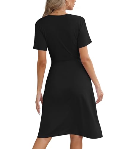 Image of KUOTAI Women's Summer Short Sleeve Casual Dresses Wrap V Neck Beach Outfits Party Flowy Dress with Pockets, Black, Small