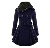 SACFOF Women's Faux Fur Lapel Double Breasted Thick Wool Trench Coat Winter Warm A-Line Dress Wool Blend Pea Coat Jackets