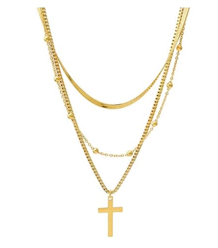 Cross Necklace For Women Girls,14K/18K Gold Plated Choker Dainty Layered Herringbone Necklaces,Simple Cute Coin Snake Chain Necklace Set Sideways Cross Pendant Jewelry Gifts #TOP7