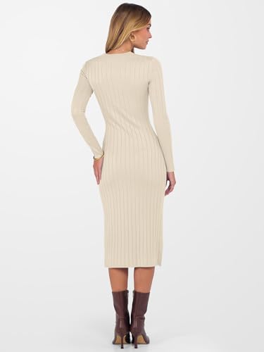 ANRABESS Womens 2025 Fall Long Sleeve Midi Dress Ribbed Knit Bodycon Fitted Button Down Wedding Guest Slit Sweater Dresses