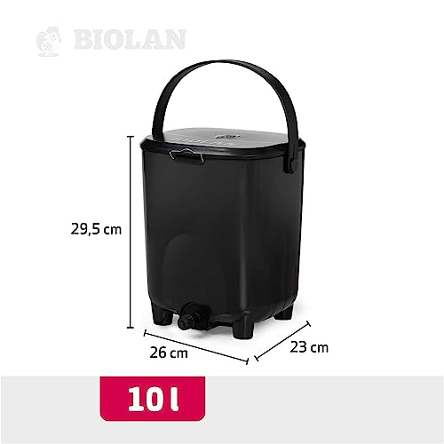 Image of Biolan Bokashi Composting Set - Durable Compost Bin (10l) with Airtight Lid, Leak-Free Tap, made Plastic, Contains EM-Bokashi Bran (1 kg). (Black)
