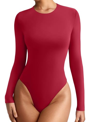 REORIA Women's Long Sleeve Bodysuits Crew Neck Slim Double Lined