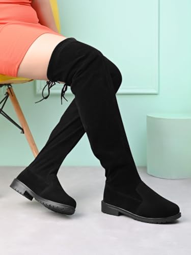Image of XE Looks Women's Over-the-Knee Long Boots | Stylish Suede Finish with Tie-Up Detail | Comfortable Block Sole Winter Footwear for Girls and Women