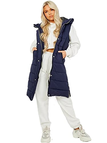H&F Women's Ladies Long Quilted Gilet Jacket Longline Sleeveless Thick Hooded Side Zip Down Lightweight Ladies Long Coat Bodywarmer Outdoor Gilet Padded Waistcoat Size S-3XL (Navy Blue, M)