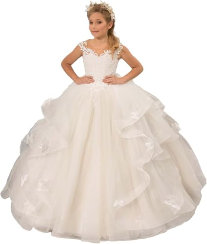 Flower Girl Dresses for Wedding Tulle Ruffles - First Communion Dress for Girls Pageant Princess Ball Gown
