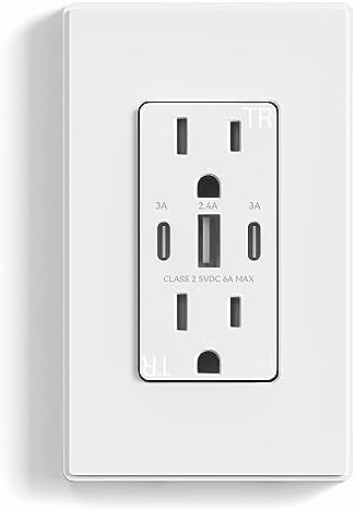 ELEGRP 30W 6.0 Amp 3-Port USB Wall Outlet, 15A Receptacle with Dual Type C & A Ports, Charger for iPhone/iPad/Samsung/LG/HTC/Android Devices, UL Listed, w/Wall Plate, 1 Pack, Matte White