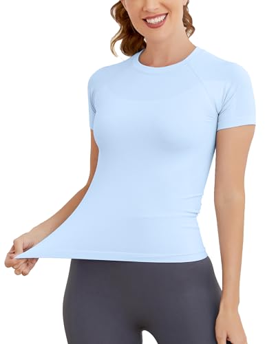 Image of MathCat Short Sleeve Workout Tops for Women, Seamless Women's Compression Shirt, Yoga Running Athletic Shirts Soft Gym Tops