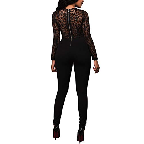 Ophestin Womens Sexy Lace Jumpsuit See Through Mesh Long Sleeve Romper Clubwear Black Size XL
