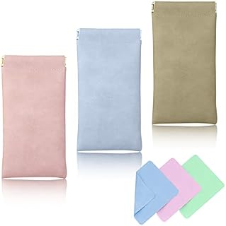 NCOALE Leather Glasses Case, 3 Pack Portable Squeeze Top Soft Glasses Case with Cleaning Cloth, Sunglasses Case Water Proof Glasses Bag Storage Bags Suitable for Women Men Kids