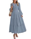 YepMoll Women Wedding Guest Dress Pockets Long Sleeve Maxi Dress V-Neck Flowy A-Line Dress with Elastic Waist Dustyblue L
