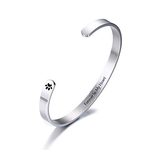 LF Pet Memorial Gifts Stainless Steel Name Initial Custom Open Cuff Bracelet Dog Cat Paw Engraved Memorial Remembrance Loss of Pet Cuff Bangle Bracelets Gifts,Pet Memorial Jewelry for Men Women