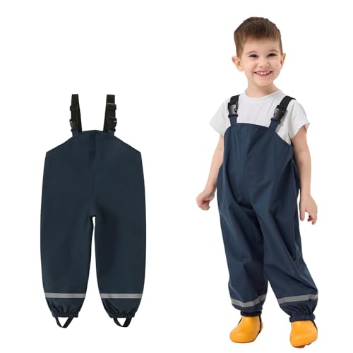 Kids Waterproof Dungarees UK Clearance Childrens Rain Trousers with Adjustable Shoulder Straps Boys Girls Rain Pants Reflective Strip Overalls Solid Color Rainwear for Outdoor Play, 2-7 Years - Image 2
