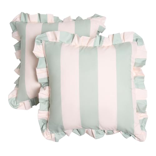 Image of OHS Outdoor Cushions Waterproof Decorative Stripe Cushion Covers 45 x 45 Set of 2 Super Soft Patio Garden Cushions Home Decor Throw Pillow Covers with Invisible Zipper, Sage/Cream