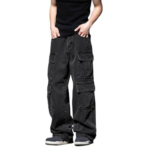 Caxndycing Baggy Jeans da uomo vintage Y2K Jeans con tasche multiple Hip Hop alla moda pantaloni cargo cargo pantaloni casual streetwear pantaloni da lavoro gamba larga jeans jeans uomo, Nero , XL