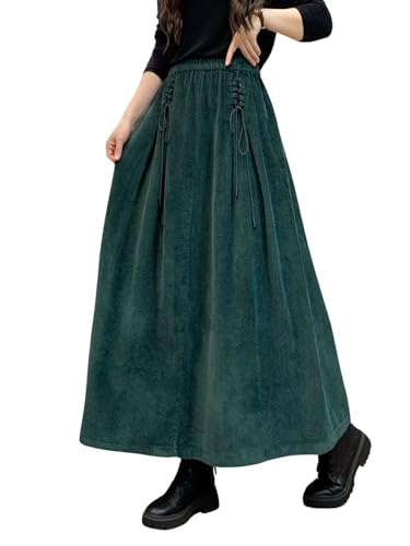 ebossy Women's Corduroy Maxi Skirt Elastic High Waist Drawstring Tie Front A-Line Pleated Long Skirt with Pockets
