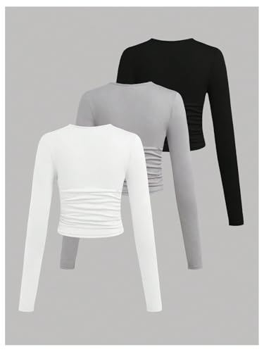 Image of Floerns Girl's 3 Pcs Long Sleeve T Shirts Round Neck Ruched Solid Tee Shirts Black Multi 14Y