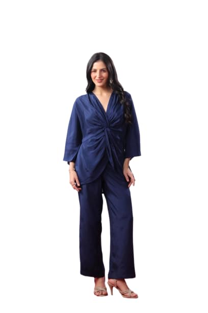 jisora Women's Blue Solid Russian Silk Co-ord Set-picture-3