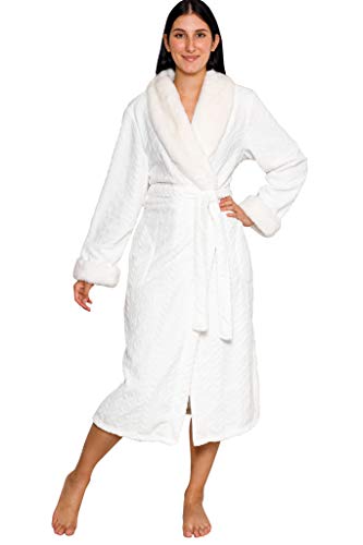 Jones New York Womens Soft Plush Bathrobe | Shawl Collar and Faux Mink Fur Cuffs, Self Tie Belt Spa Robe, Winter White, Small/Medium