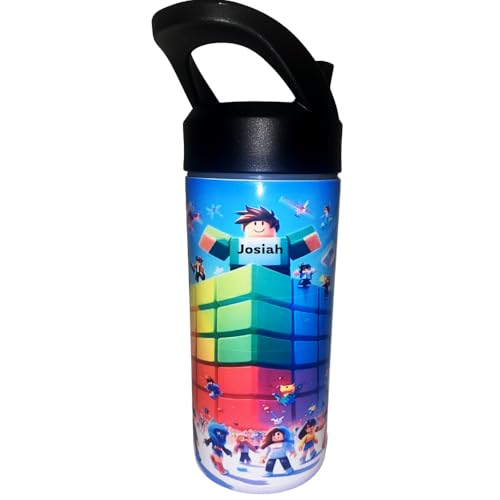 Personalized Gamer Water Bottle for Kids – 16oz Stainless Steel Sport Water bottle with Straw Lid – Custom Name Gift for Boys & Girls, Video Game Inspired by Roblox
