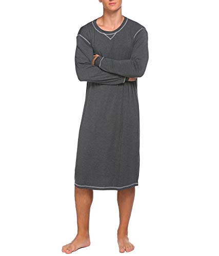 Ekouaer Mens Comfort Sleepwear Top Loose Long Sleeve Nightshirt Sleep Shirt,Dark Grey,X-Large - Thumbnail 2