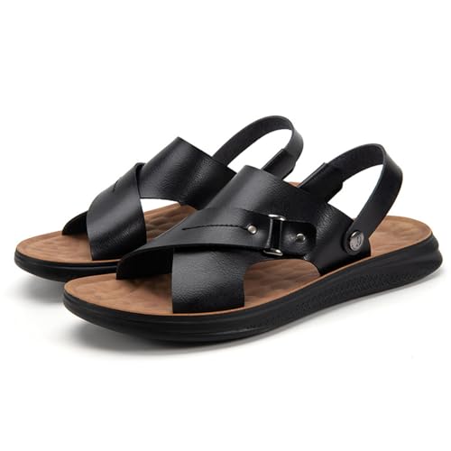 Mens Leather Flat Beach Sandals Comfortable Slip-On Round Open Toe With Adjustable Ankle Strap Sandals For Casual Daily Outdoor Summer Beach Vacation