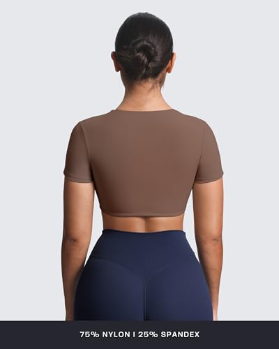 Image of Aoxjox Short Sleeve Crop Tops for Women Sienna Twist Deep V Workout Cropped T Shirt Top (Fudge Coffee, Small)