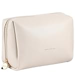 Aveniee Travel Makeup Bag, Large Toiletry Bag for Women, Vegan Leather Travel Pouches Case, Make Up Bag for Travel Essentials Brushes, Cosmetic Bag Purse Organizer with Divider and Gold Zippers(Cream)