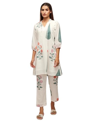 Leriya Fashion Women's Anarkali Floral Printed Rayon Kurta Pant Set | V-Neck Straight Kurti with 3/4 Sleeves | Soft White & Green Ethnic Co-ord for Casual | Co ord Set For Women Stylish | Kurtis