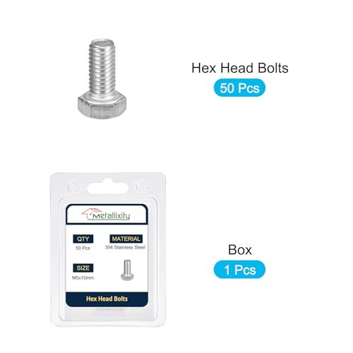 Image of METALLIXITY Hex Bolts (M5-0.8x10mm) 50Pcs, 304 Stainless Steel Coarse Fully Threaded Hex Head Screw Bolt Machine Screws - for Furniture Repair, Silver