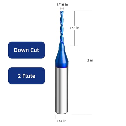 Image of 5PCS Down Cut Solid Carbide Spiral Plunge Router Bits 1 /4 inch Shank 1 /16 inch Cutting Diameter 2 inch OVL. Spiral Carbide Bit with Nano Blue Coating CNC Router Bits for Woodwork