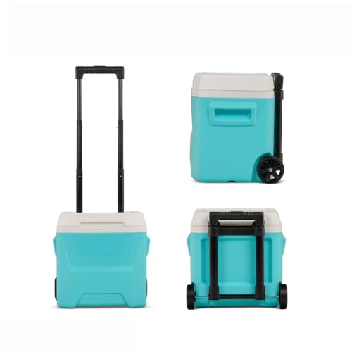 16 QT Hard Sided Ice Chest Cooler with Wheels & Telescoping Handle, Aqua Blue Insulated Cooler Holds 24 Cans, Portable Outdoor Cooler with Drain Channel
