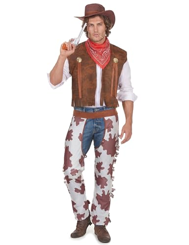 DEGUISE TOI - Déguisement cowboy classique homme - Gilet - Sur pantalon - Bandana - Chapeau - L - Marron - Déguisements adultes - 100% Polyester - A la main...