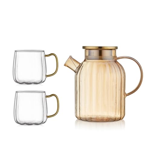 OGXN水筒 耐熱ガラス 紅茶 ガラス水筒 冷たい飲み物 麦茶 アイスティー フルーツティー 飲料水 レモネード コーヒーアイス 優雅でモダン 蓋付き 大容量 直火対応 丸型 可愛らしい 透明 取っ手付き 葉茶 花茶 家庭用 店舗用 (透明,スタイル8)