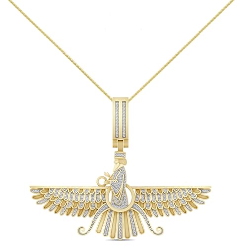 Real Genuine Authentic Natural Diamond 0.71 Cwt. 14K Solid Gold Rhodium Persian Empire Faravahar Ahura Mazda Zoroastrian Pendant Charm Franco Chain Neckless Set