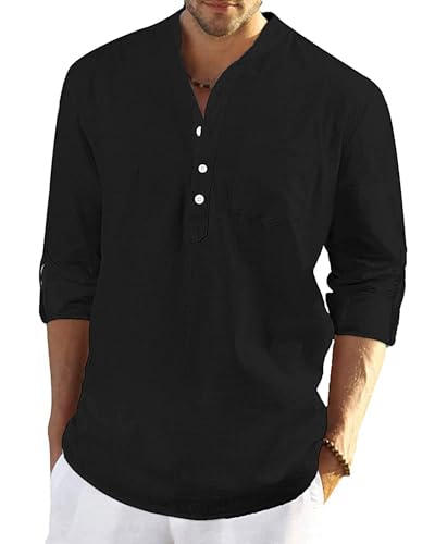 YAOBAOLE Chemise en Lin Homme Chemise Col Mao Homme Ete Leger de Plage Col Mao Noir L
