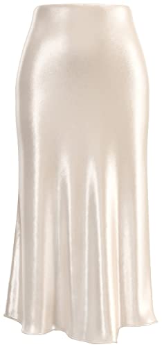 Soowalaoo Womens Leopard Print Skirt Midi Long Length Silk Satin High Waist Elastic Skirts