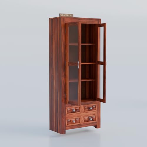 Image of Wood Book Shelf with Glass Door, Wooden Bookshelf for Home Library, Kitchen Crockery Cabinet, Study Room Furniture, Books Rack, Book Stand, BookCases, Bookshelves (Natural Finish)