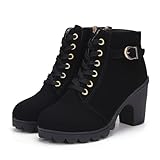 Dernolsea Women's Lace Up Ankle Boots - Platform Block Heel & Zip - Ladies Chunky Heeled Boots Black Size 6