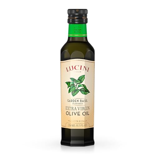 Lucini Garden Basil Extra Virgin Olive Oil - EVOO Infused with the Oil of Fresh Basil - Olive Oil for Marinade, Grilling, Roasting - Non-GMO Verified, Whole30 Approved, Kosher, 250mL (Pack of 6)