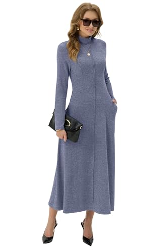 GRECERELLE Women's 2025 Fall Winter Casual Mock Neck Long Sleeve Flared Maxi Sweater Dress with Pockets (XS - 3XL)