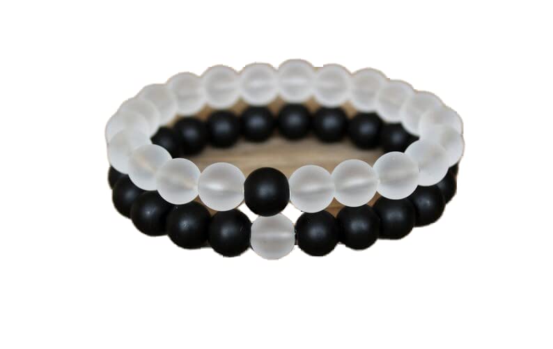 Bracelet couple en agate blanche et onyx noir mat 8 mm de qualité supérieure