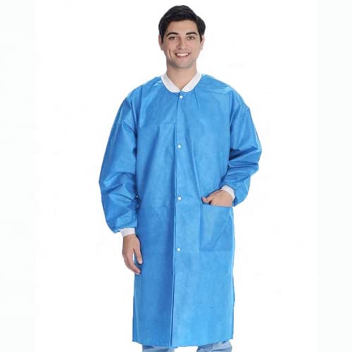 lab coat blue - Greenour 10 Pack Disposable SMS Lab Coat Blue with Pockets for Adult Knitted Collar and Cuffs Breathable Fluid Resistant (Large)