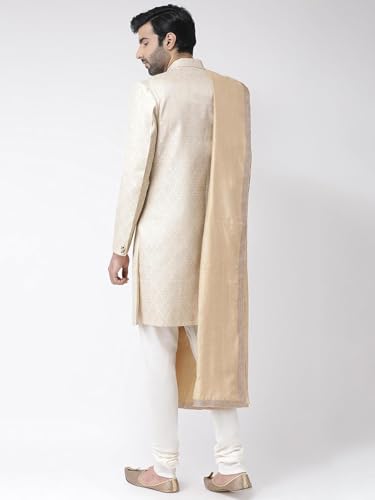 Kisah Men's Indo-Western Sherwani Churidar With Dupatta Set, Cream Brocade Woven Design Regular Fit Mandarin Collar Full Sleeves (L)