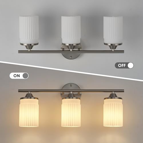 Image of Jonsi Nickel Bathroom Light Fixtures 3-Light Vanity Lights Modern Wall Sconce with Milk White Shade Brushed Nickel Bathroom Light Fixture Over Mirror for Bedroom Hallway Kitchen