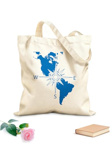 AILOONG Brújula de navegación Mapa del continente americano Bolsa de compras de lona de algodón Tela de 340g/m² de grosor Se usa como bolsa de regalo