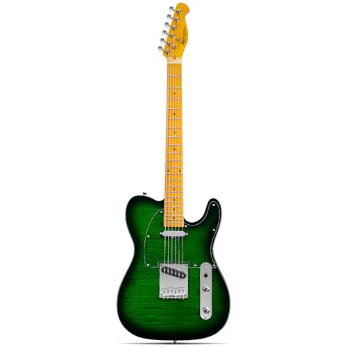 Leo Jaymz TL Style Electric Guitar with Flame Maple Top - High Gloss Mahogany Body and Hard Maple Neck - High Transparent Acrylic Pickguard (Transparent Green)