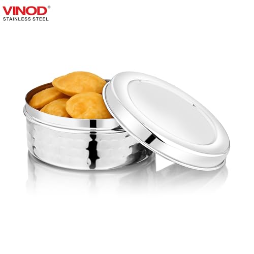 Image of Vinod Hammered Stainless Steel Puri Dabba | 1000ml Capacity, 14.5cm Dia | Hammered Finish Multipurpose Stainless Steel Flat Storage Container for Puri, Snacks, Dry Food, Tiffin & Travel Use