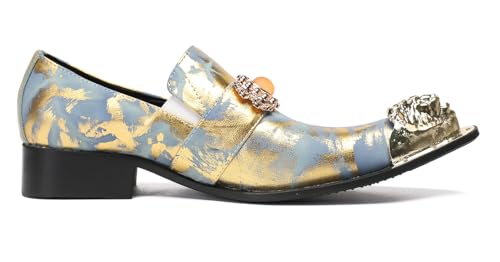 Santimon Mens Loafers Party Dress Casual Metal-Tip Dragon Toe Slip On Leather Rhinestone Beaded Penny Loafers Western Disco Prom Gold Gitter Summer Shoes for Boys2