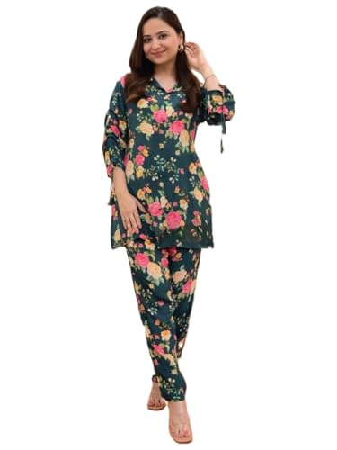 Leriya Fashion Women's Anarkali Rayon Floral Printed Kurta Pant Set | High-Low Hem & 3/4 Sleeves | Ethnic Co-ord for Festive & Casual Wear | Co ord Set For Women Stylish | 2 Piece Dress For Holiday Look & Puja